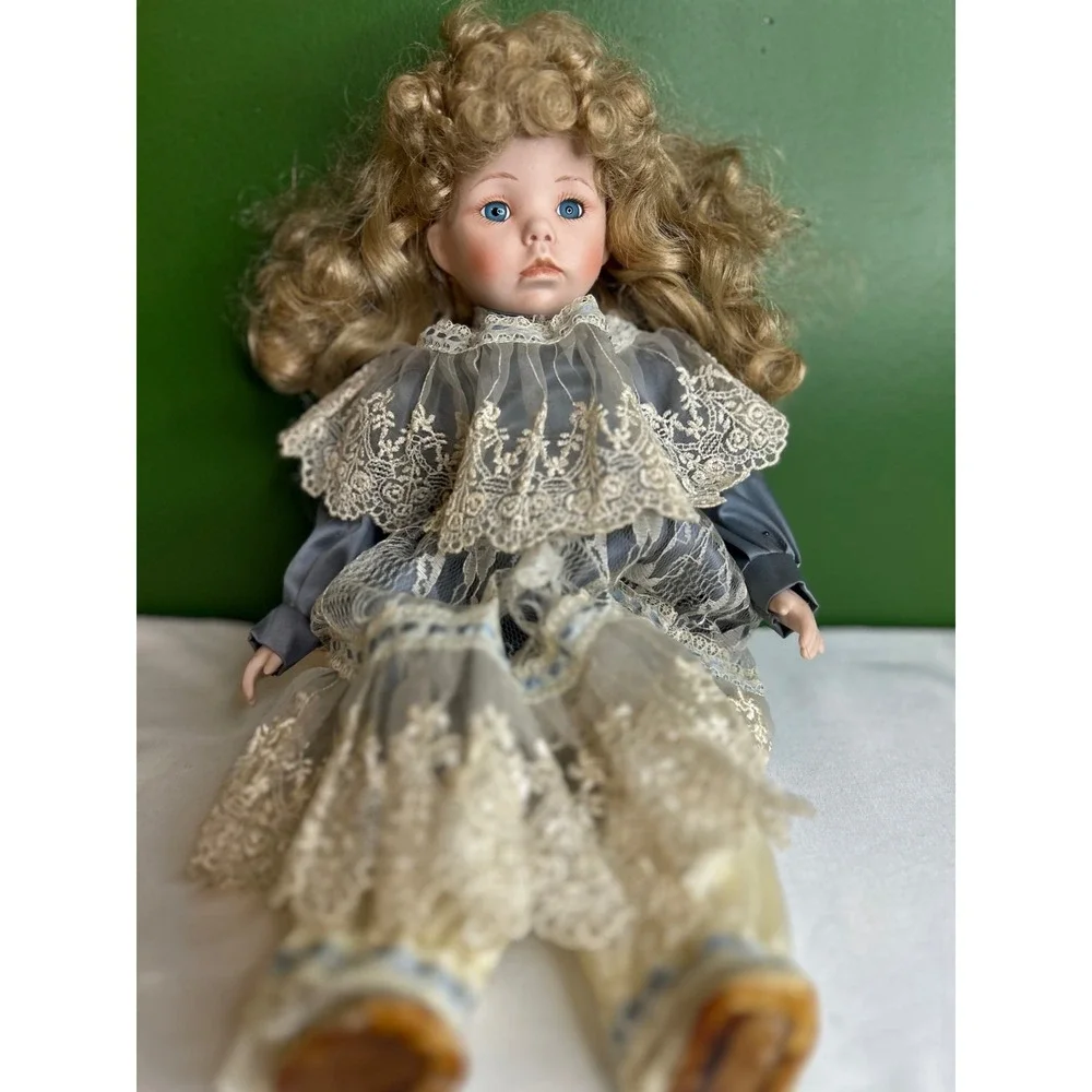 Vintage Porcelain Doll Blue Eyes Blonde Curls Victorian Lace Blue Cream Outfit